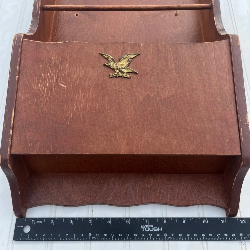 Vintage Wood Wall Mail Organizer Towel Rack Brass Eagle Emblem Brown Americana